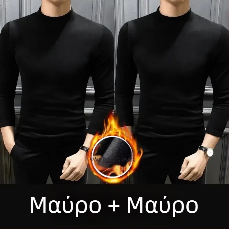 Ανδρικό μακρυμάνικο T-shirt φλίς δύο όψεων, σε στυλ Χονγκ Κονγκ, με ημιυψωμένο γιακά, χαλαρή γραμμή, κορμάκι βάσης για φθινοπωρινό-χειμερινό.
