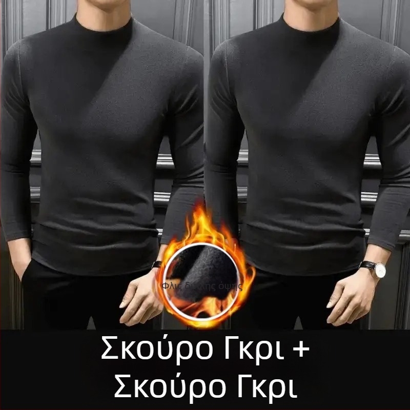 Ανδρικό μακρυμάνικο T-shirt φλίς δύο όψεων, σε στυλ Χονγκ Κονγκ, με ημιυψωμένο γιακά, χαλαρή γραμμή, κορμάκι βάσης για φθινοπωρινό-χειμερινό.