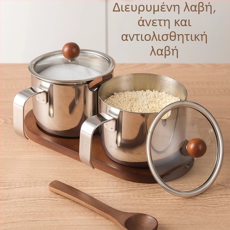 Σετ δοχείων μπαχαρικών από ανοξείδωτο ατσάλι 304, ζαχαριέρα από ξύλο καρυδιάς και δίσκο για κουτάλια, κινεζο-κορεατικό στυλ κουζίνας