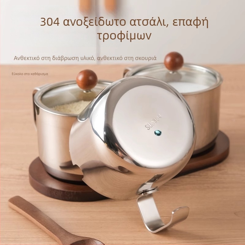Σετ δοχείων μπαχαρικών από ανοξείδωτο ατσάλι 304, ζαχαριέρα από ξύλο καρυδιάς και δίσκο για κουτάλια, κινεζο-κορεατικό στυλ κουζίνας