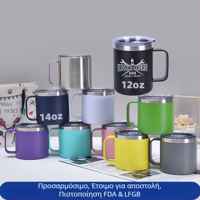 12oz διπλού τοιχώματος μονωμένη κούπα καφέ με χερούλι, εσωτερικό από 304 ανοξείδωτο ατσάλι, εξωτερικό από 201 ανοξείδωτο ατσάλι, φορητή κύπελλο γραφείου