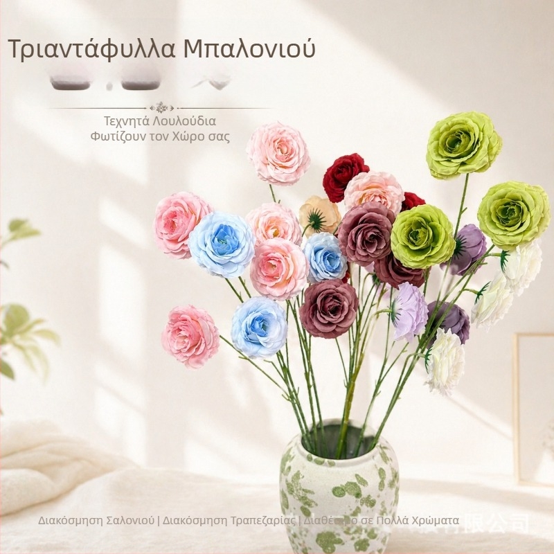 Τρία ανθάκια τεχνητής τριανταφυλλιάς, πράσινα φύλλα – διακοσμητικό μπουκέτο για σαλόνι, υπνοδωμάτιο και γραφείο