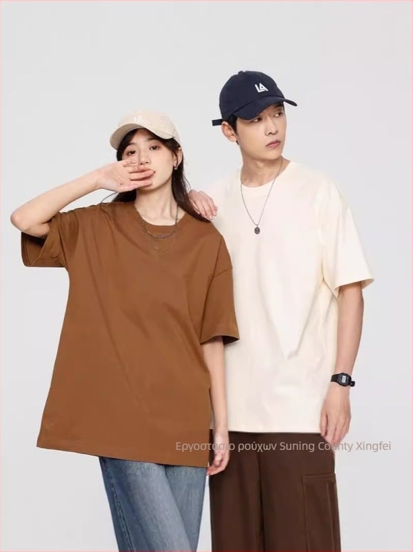 210 g Ανδρικό βαμβακερό κοντομάνικο T‑shirt για καλοκαίρι, μονόχρωμο, άνετη γραμμή, στρογγυλή λαιμόκοψη