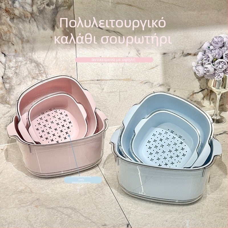 Πολυλειτουργική διπλής στρώσης κάδος αποστράγγισης για την κουζίνα, πλύσιμο λαχανικών και ξέπλυμα ρυζιού, κάδος καθαρισμού φρούτων και λαχανικών με οπές νερού και μεγάλη χωρητικότητα αποθήκευσης.