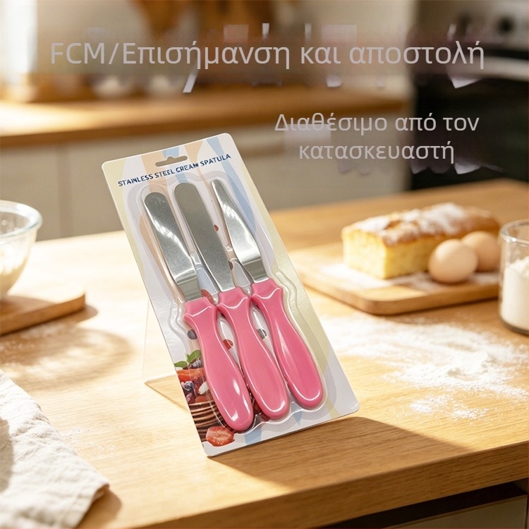 Σετ τριών εξαρτημάτων για διακόσμηση γλυκών: πολύχρωμη σπάτουλα τούρτας, σπάτουρα ζαχαροπλαστικής και μαχαίρι αποφόρτωσης από φόρμα, ανοξείδωτο ατσάλι
