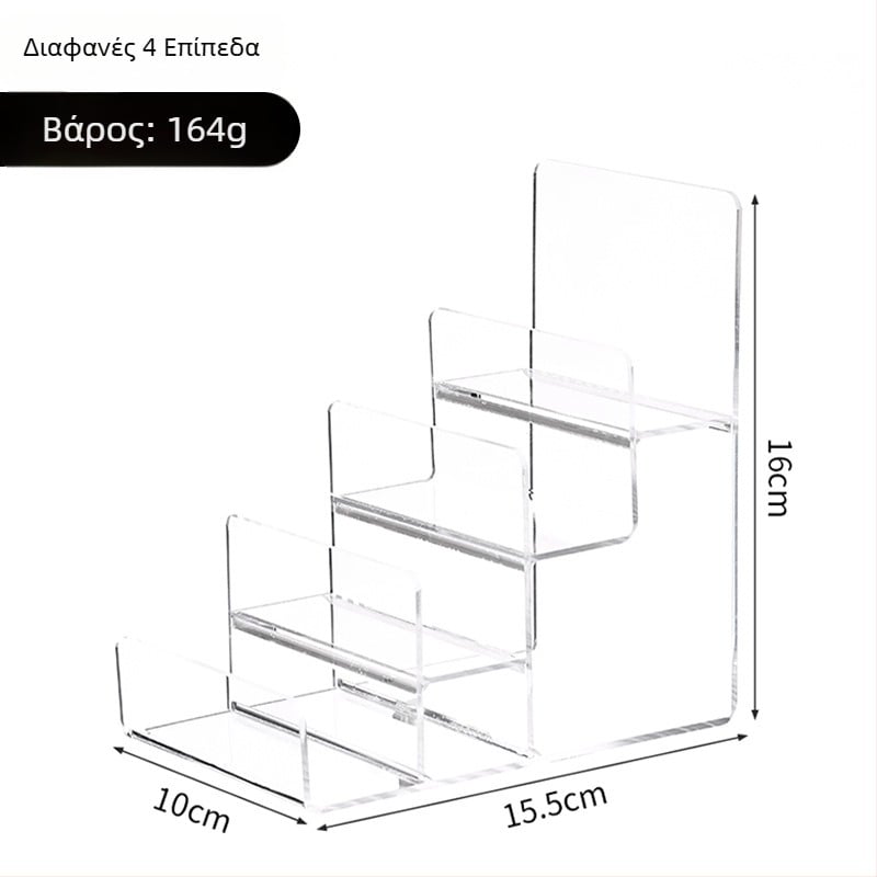 Ακρυλικός εκθεσιακός πάγκος με κλιμακωτές σχάρες για κοσμήματα, γυαλιά και τσάντες – διαφανής πολυεπίπεδος εκθετήρας για λιανική