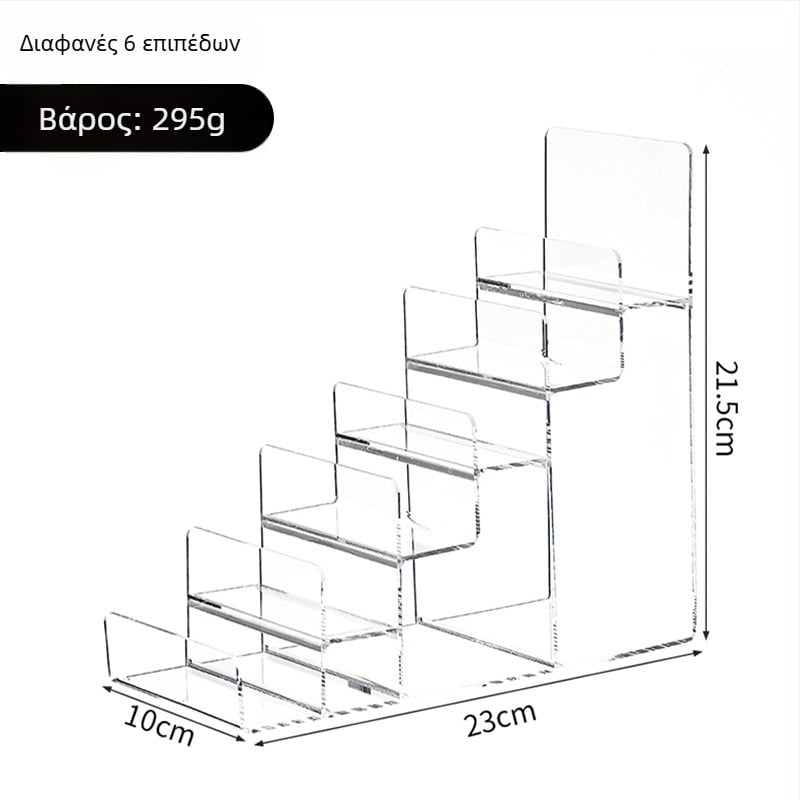 Ακρυλικός εκθεσιακός πάγκος με κλιμακωτές σχάρες για κοσμήματα, γυαλιά και τσάντες – διαφανής πολυεπίπεδος εκθετήρας για λιανική