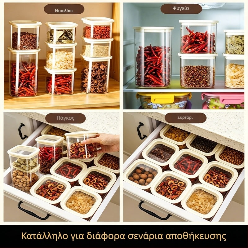 Τετράγωνα γυάλινα βάζα για αποθήκευση μπαχαρικών, με σφραγιστικό αεροστεγές καπάκι και διαφανές περιεχόμενο
