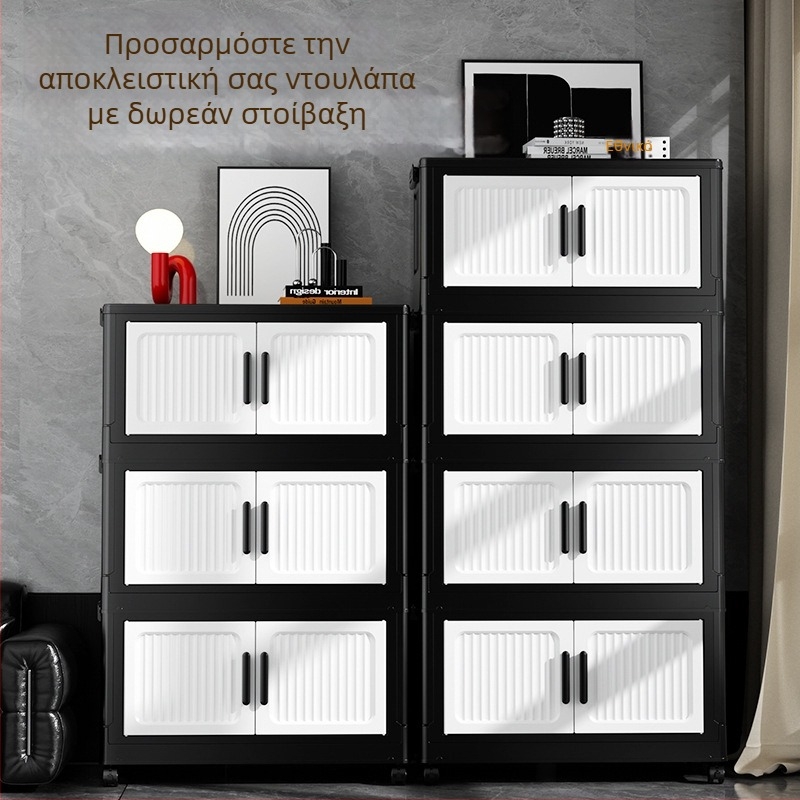 Χωρίς εγκατάσταση αναδιπλούμενο ντουλάπι αποθήκευσης με διπλές πόρτες και ρόδες, πολυεπίπεδη αποθήκευση για ρούχα και παιχνίδια, οικιακή χρήση