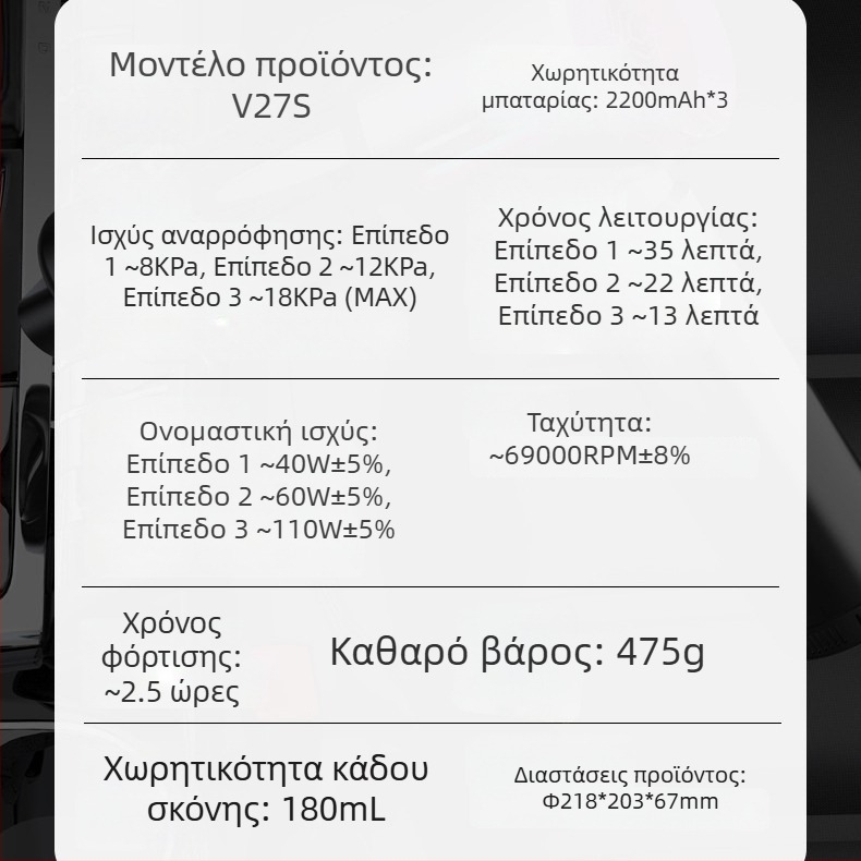 Φορητός καθαριστής αυτοκινήτου χωρίς βούρτσες, απομάκρυνση σκόνης και φούσκωμα αέρα, τετραπλής λειτουργίας, V27S