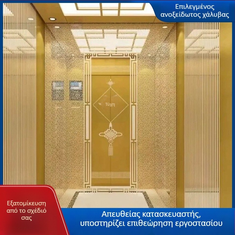 Ανοξείδωτα πάνελ ανελκυστήρα με χαρακτική διακόσμηση για καμπίνα με διπλή πόρτα, πίσω τοίχος με καθρέπτη και βουρτσισμένο φινίρισμα