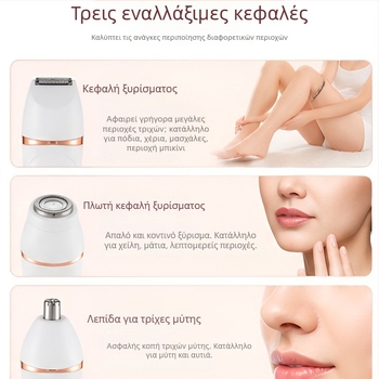 Γυναικεία συσκευή αποτρίχωσης 3-σε-1, πλήρως πλυόμενη για ολόκληρο το σώμα, USB επαναφορτιζόμενη, αποτρίχωση και τρίμερ μύτης