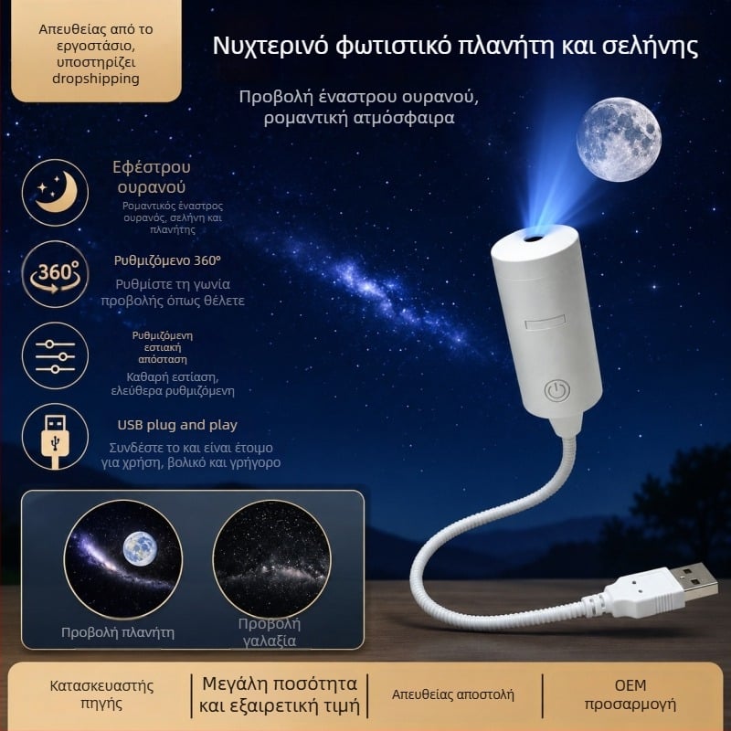 USB τροφοδοτούμενο προβολικό φωτιστικό νύχτας με αντικαταστάσιμο φακό φιλμ, σχέδιο αστέρων και φεγγαριού, συμπαγές φωτιστικό περιβάλλοντος αυτοκινήτου