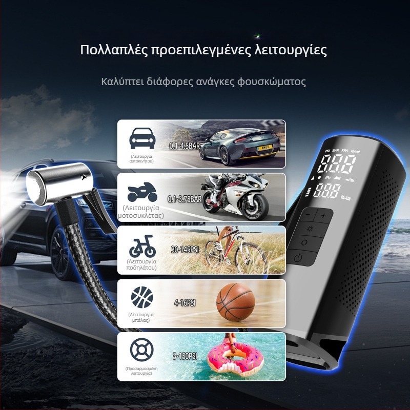 Ασύρματη αντλία αέρα αυτοκινήτου, φορητή υψηλής ισχύος αντλία για ελαστικά, υψηλή πίεση, φόρτιση USB, LED φως, αυτόματη διακοπή