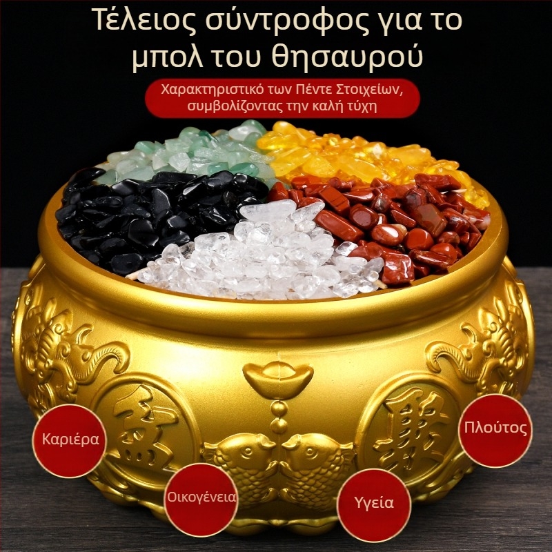 Φυσικά χαλικάκια κιτρίνης, πέτρες σε πέντε χρώματα για το σαλόνι — διακοσμητικό μπολ ευημερίας με πέντε στοιχεία