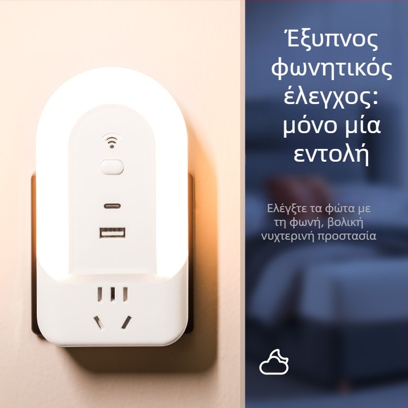Έξυπνο φωτιστικό με φωνητικό έλεγχο και ενσωματωμένη πρίζα – λαμπτήρας κομοδίνου για υπνοδωμάτιο με απαλό φως προστασίας ματιών