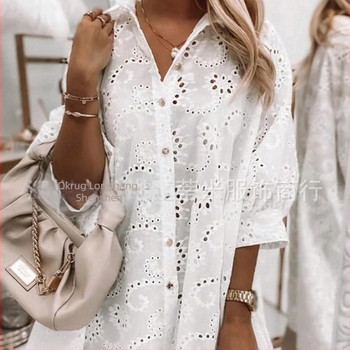 Nova europska i američka čipkasta šuplja haljina za veće veličine, ležerna košulja, Amazon Independent Station iz 2025.