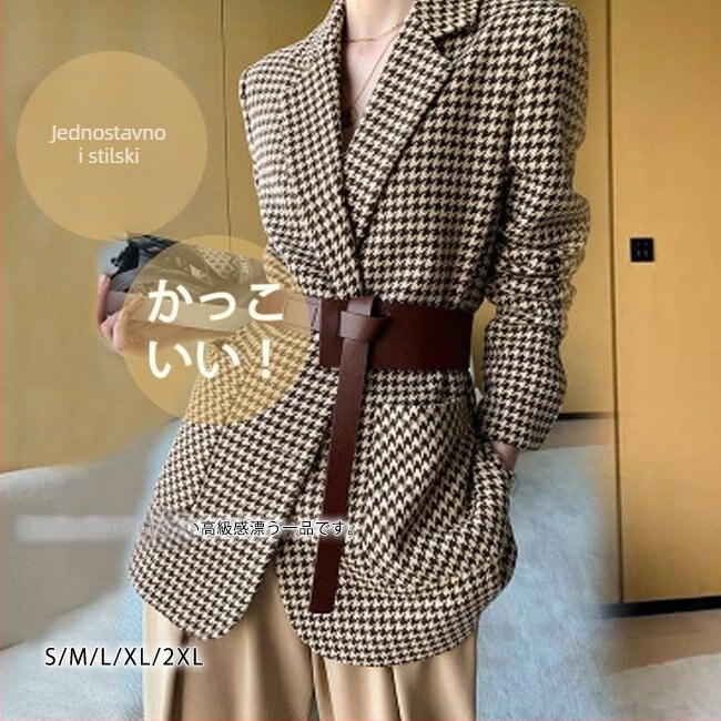 Ženski kratki jesenski i zimski vuneni kaput s uzorkom pepite, novi japanski i korejski, elegantni karirani vuneni kaput za žene