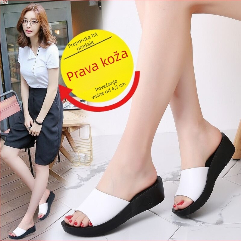 Ženske ljetne crne papuče od prave kože, jednostavne, neklizajuće, s mekim dnom, udobne, na klinu