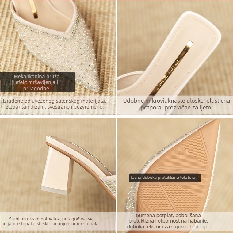Zatvorene cipele s polupotporom, ženske ljetne cipele za 2023., nove sandale s cirkonima i debelom petom, špicaste, visoke potpetice za žene