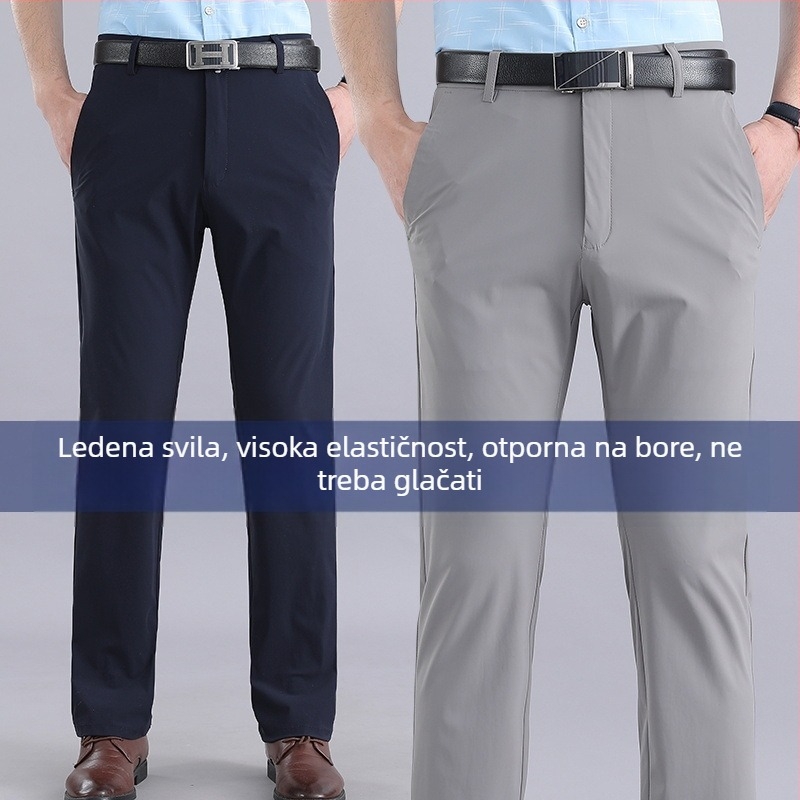 Ljetne tanke ležerne hlače za srednje i starije osobe, ledeno svilene hlače, muške elastične ležerne hlače, široke hlače visokog struka visoke kvalitete