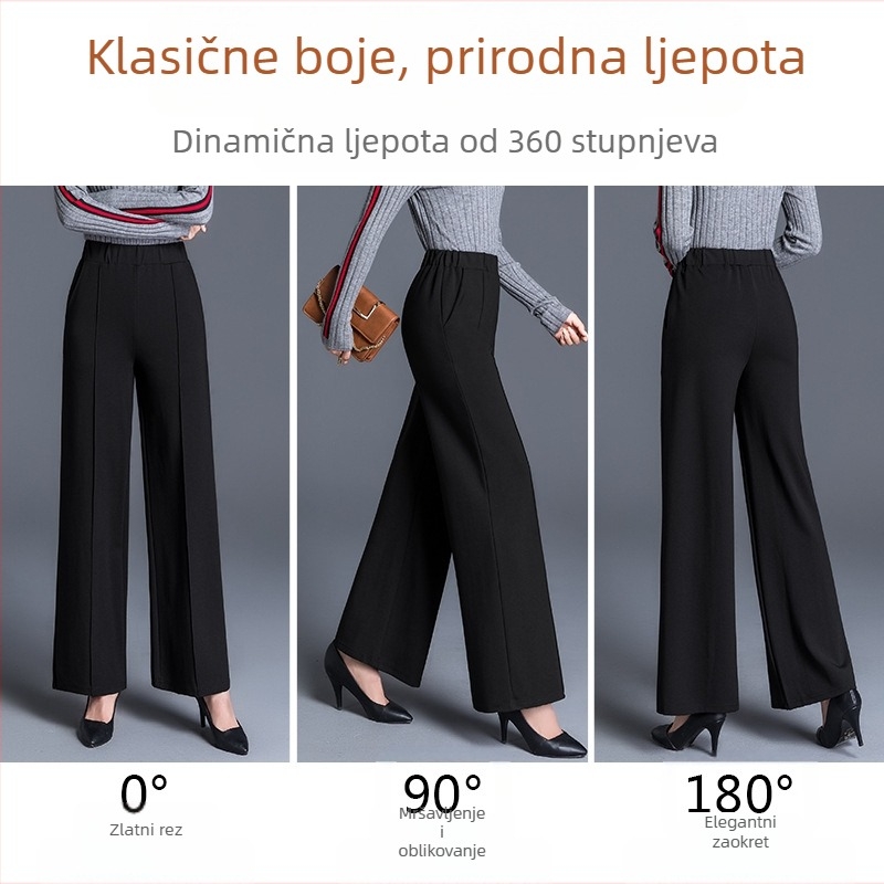 Crne plus size hlače širokih nogavica za žene, jesenske i zimske, visokog struka, labave, srednjedobne, ležerne ravne hlače za majke, proljetne