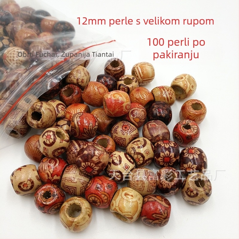 Veleprodaja materijala za DIY nakit 12 mm tiskane drvene perle s velikom rupom, prijemnik za prljavu pletenicu za kosu, drvene perle, prijemnik za veliku pletenicu za kosu 100