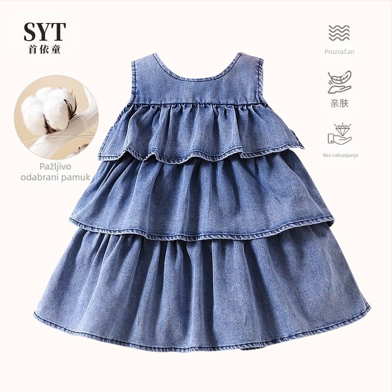 Traper suknja za djevojčicu za prvo dijete, ljeto 2024., nova korejska verzija slatke haljine s kratkim rukavima i tortom za djevojčice