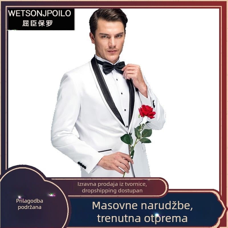 Popularni proizvod preko granice: Muški svečani sako za proljeće 2025., bijeli saten, okrugli izrez