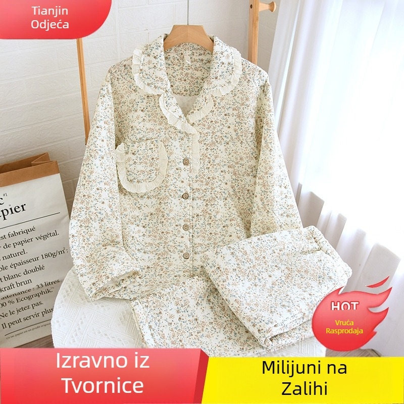 Sweet Air Layer pidžama za žene, jesensko-zimski zadebljani kardigan dugih rukava, kućna odjeća, odijelo, pamučno troslojno, toplo, ležerno, navlaka