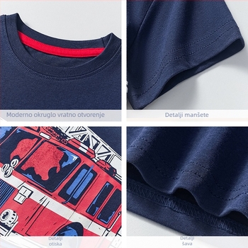 Europska i američka dječja odjeća kratkih rukava 2025 dječja majica kratkih rukava za dječake s uzorkom vatrenog automobila, ljetna majica s pola rukava, veleprodaja tvornice