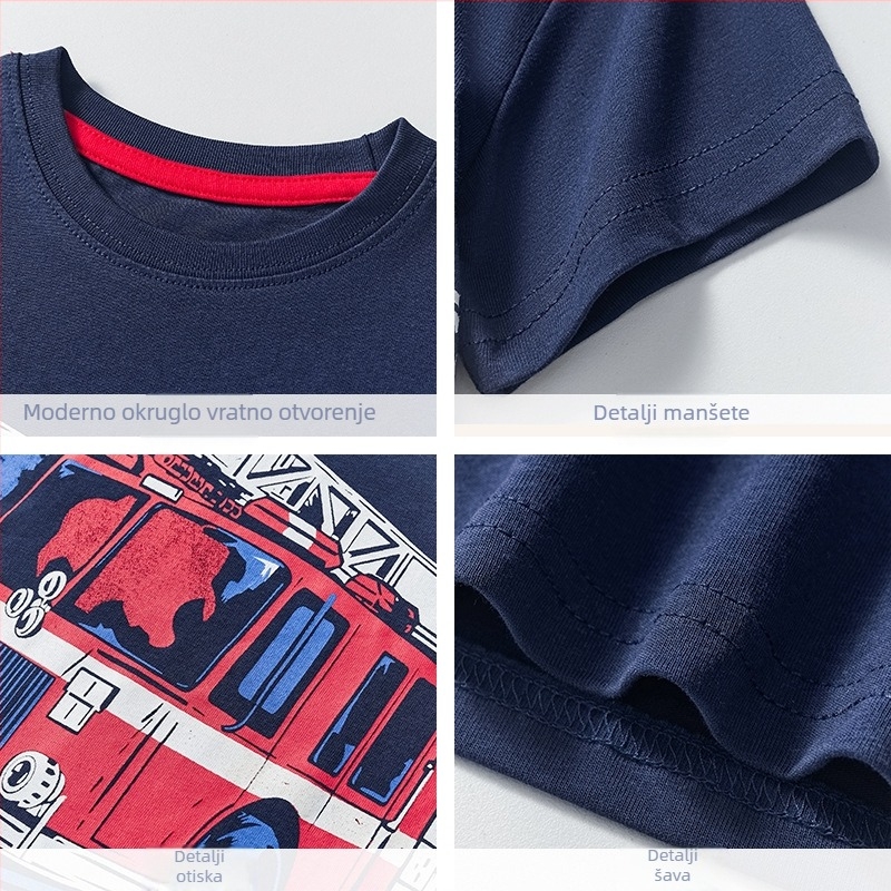 Europska i američka dječja odjeća kratkih rukava 2025 dječja majica kratkih rukava za dječake s uzorkom vatrenog automobila, ljetna majica s pola rukava, veleprodaja tvornice