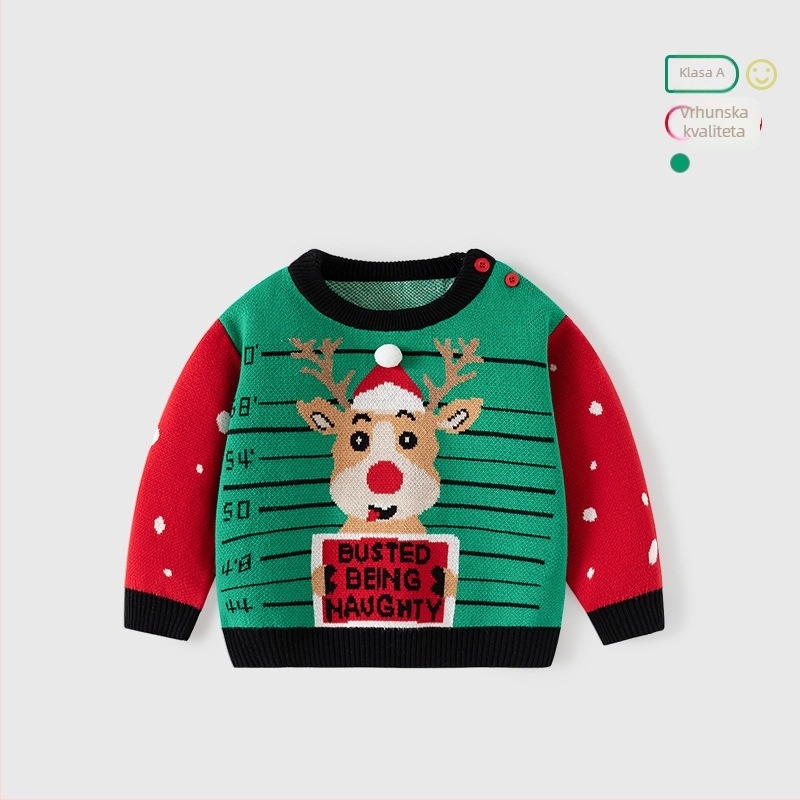 Božićni pleteni dječji pulover klase A s losovima, jesenski i zimski pulover, dječji pamučni dječji božićni pulover