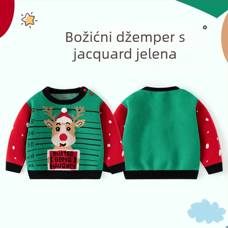 Božićni pleteni dječji pulover klase A s losovima, jesenski i zimski pulover, dječji pamučni dječji božićni pulover