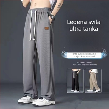 Hlače od ledene svile Muške ljetne odijelne hlače Muške ljetne tanke široke ležerne ravne hlače Visokokvalitetne hlače s privjeskom
