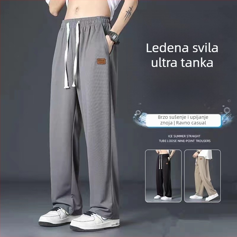 Hlače od ledene svile Muške ljetne odijelne hlače Muške ljetne tanke široke ležerne ravne hlače Visokokvalitetne hlače s privjeskom
