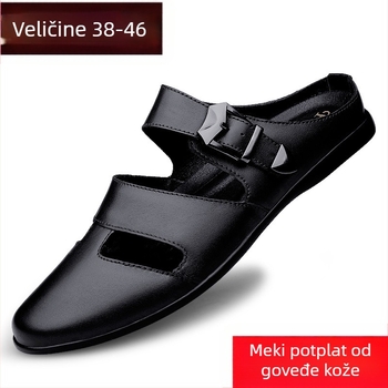 Kožne sandale za muškarce, prava kravlja koža, plus veličina 45, poslovne kožne cipele, muške cipele s rupom veličine 46, muške ljetne prozračne sandale