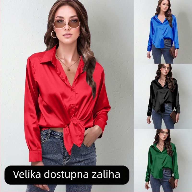 Prekogranična popularna proljetna i ljetna nova satenska košulja za žene, imitacija svile, košulja dugih rukava, vrhunska europska i američka odjeća za vanjsku trgovinu za žene