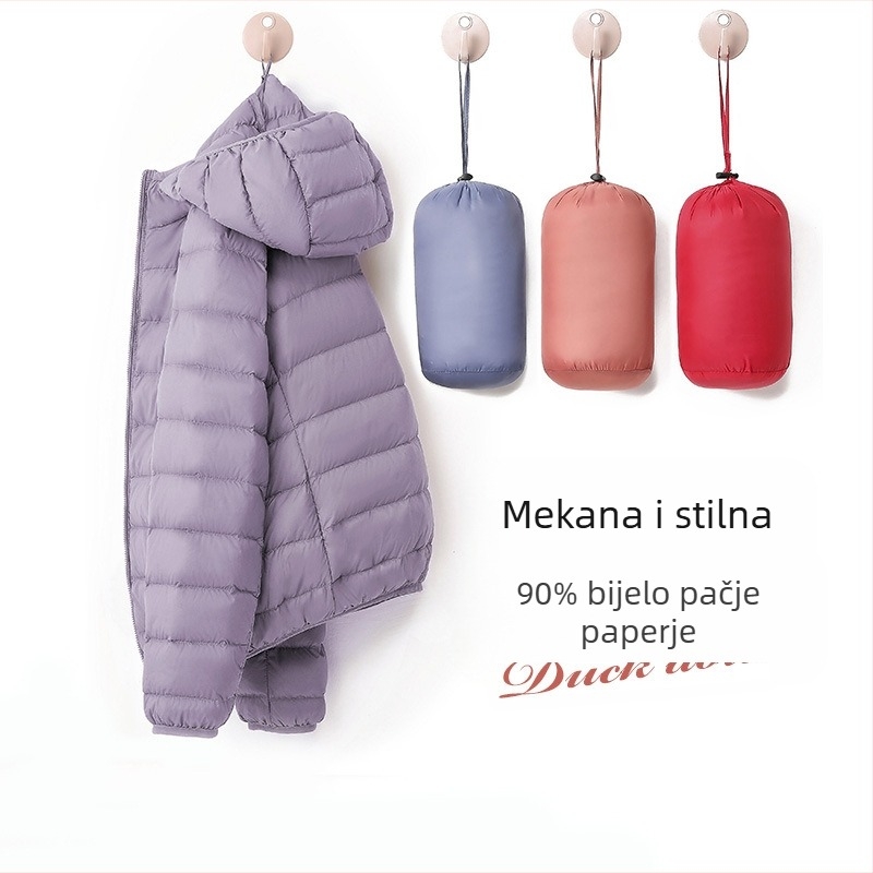Lagana kratka ženska perjana jakna, nova 2024. s vertikalnim ovratnikom i kapuljačom, plus veličina 90, bijela modna zimska jakna od pačjeg perja