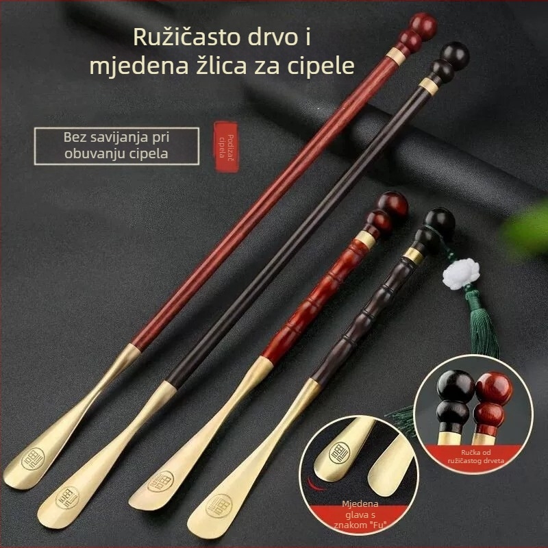 Izvlakač cipela od ružinog drveta, mesinga, 58 cm, duga ručka, kućanski, za trudnice, ne savija se, prijenosni, od punog drveta i sandalovine, bakra