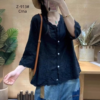 Retro jednobojna košulja sa sedam rukava, ljetni novi trodimenzionalni izvezeni čipkasti elegantni ženski kardigan