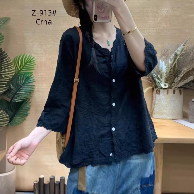 Retro jednobojna košulja sa sedam rukava, ljetni novi trodimenzionalni izvezeni čipkasti elegantni ženski kardigan