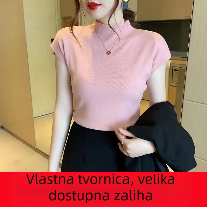 Nova poluvisoka ovratnica, ženska majica s kratkim rukavima, crna, ženska ljetna majica, tanka, labava, vanjska trgovina na veliko