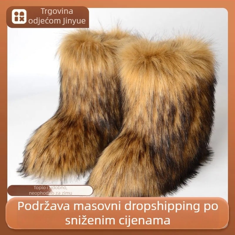 Čizme od lisičjeg krzna, jesenski i zimski stil, tople i otporne na hladnoću, zadebljane velike čizme za snijeg od imitacije krzna do sredine teleta, europski i američki modni stil