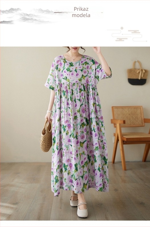 Višebojna raznolikost književnih retro pulovera kratkih rukava, haljine za inozemnu trgovinu, ljetna 2024., široka, plus size, suknja A-kroja za žene