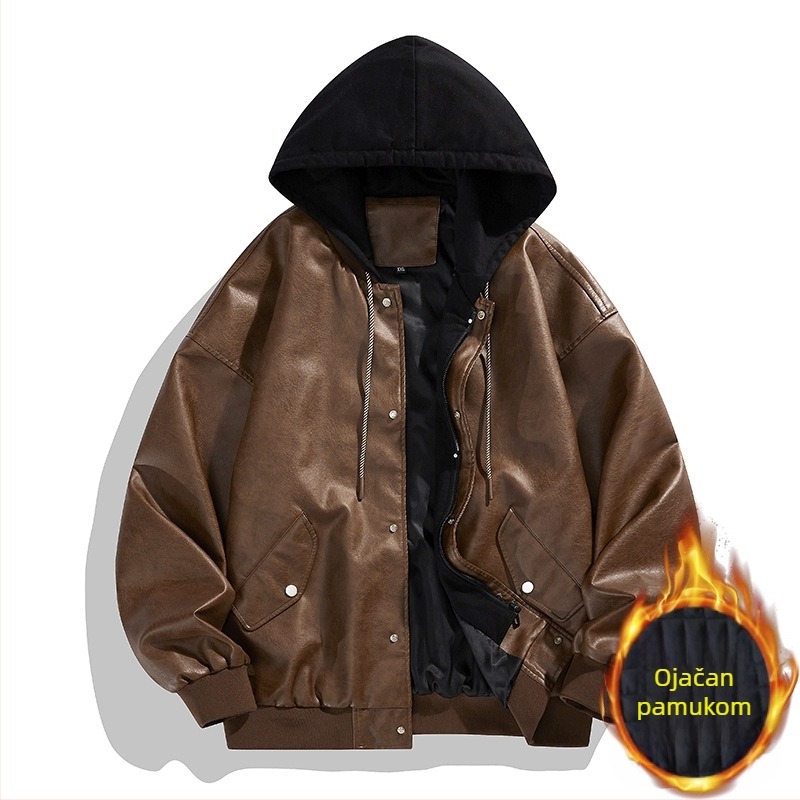 2024 Nova lažna dvodijelna kožna muška modna korejska široka zgodna motociklistička kožna jakna Duffy zgodna jakna s kapuljačom