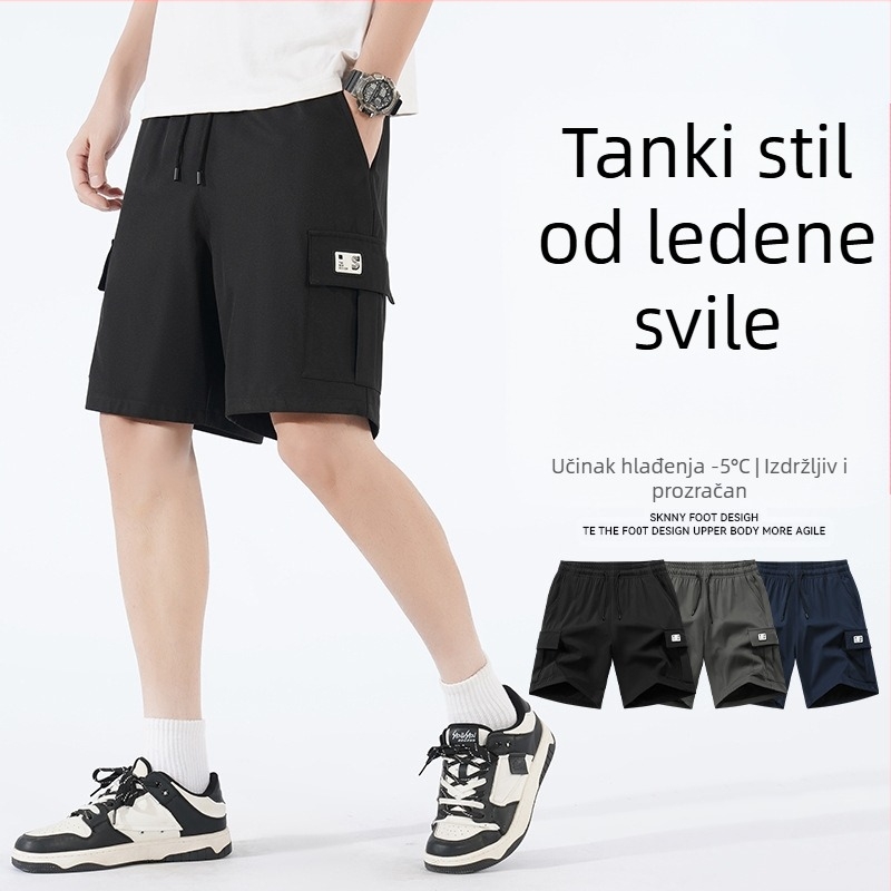 Muške kratke hlače za alat, ljeto 2025., ledeno svilene, brzosušeće, korejski stil, modne marke, široke, ravne sportske hlače, ležerne hlače