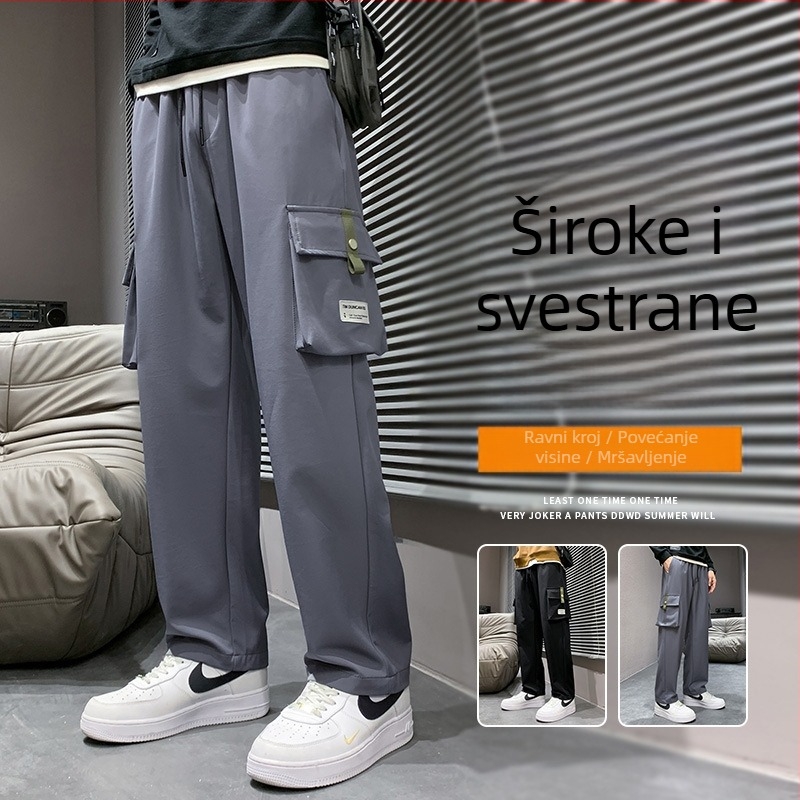Crne kargo hlače za muške proljetne i jesenske ravne hlače plus size plus fat plus plus više džepova, jesenske ležerne duge hlače