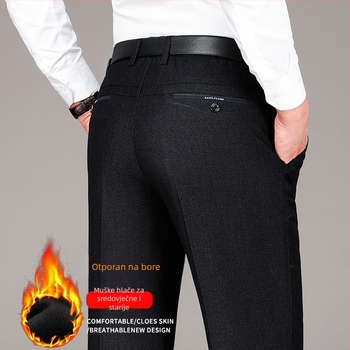 Ležerne hlače s flis podstavom, zadebljane, muške srednje dobi, jesenske i zimske, srednje i starije, široke, ravne, poslovne hlače za tatu, plus size