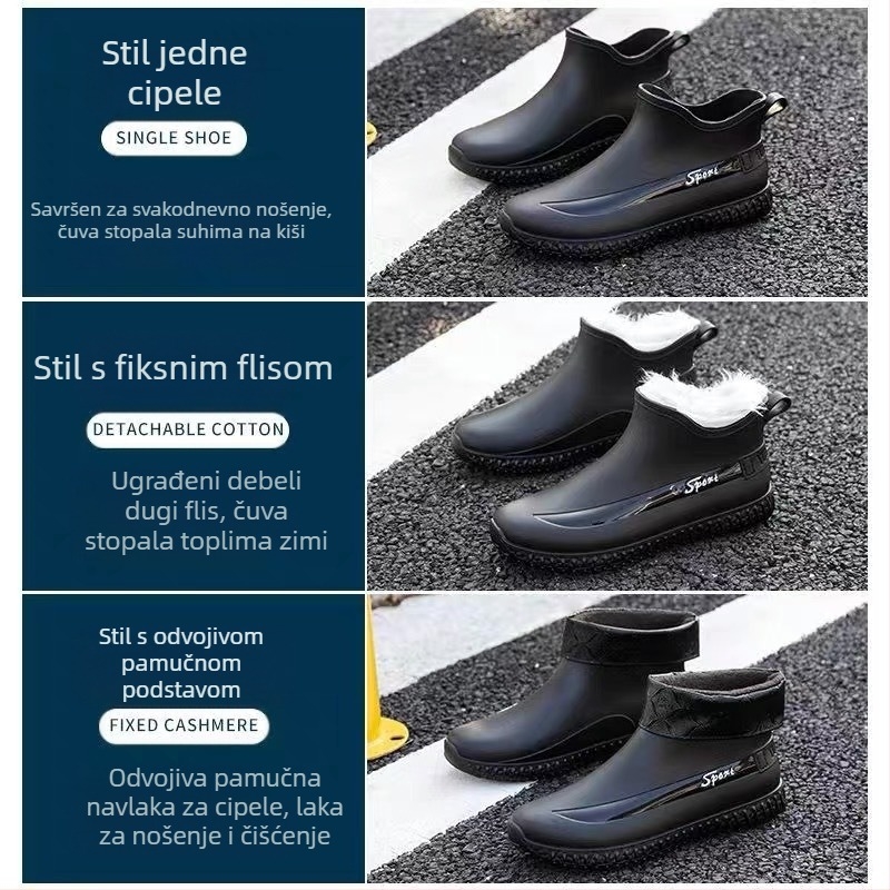 Kratke vodootporne cipele s flisom za muškarce, vanjske ribolovne gumene cipele, kuhinjske gradilišne čizme za odrasle, neklizajuće muške zimske čizme za kišu